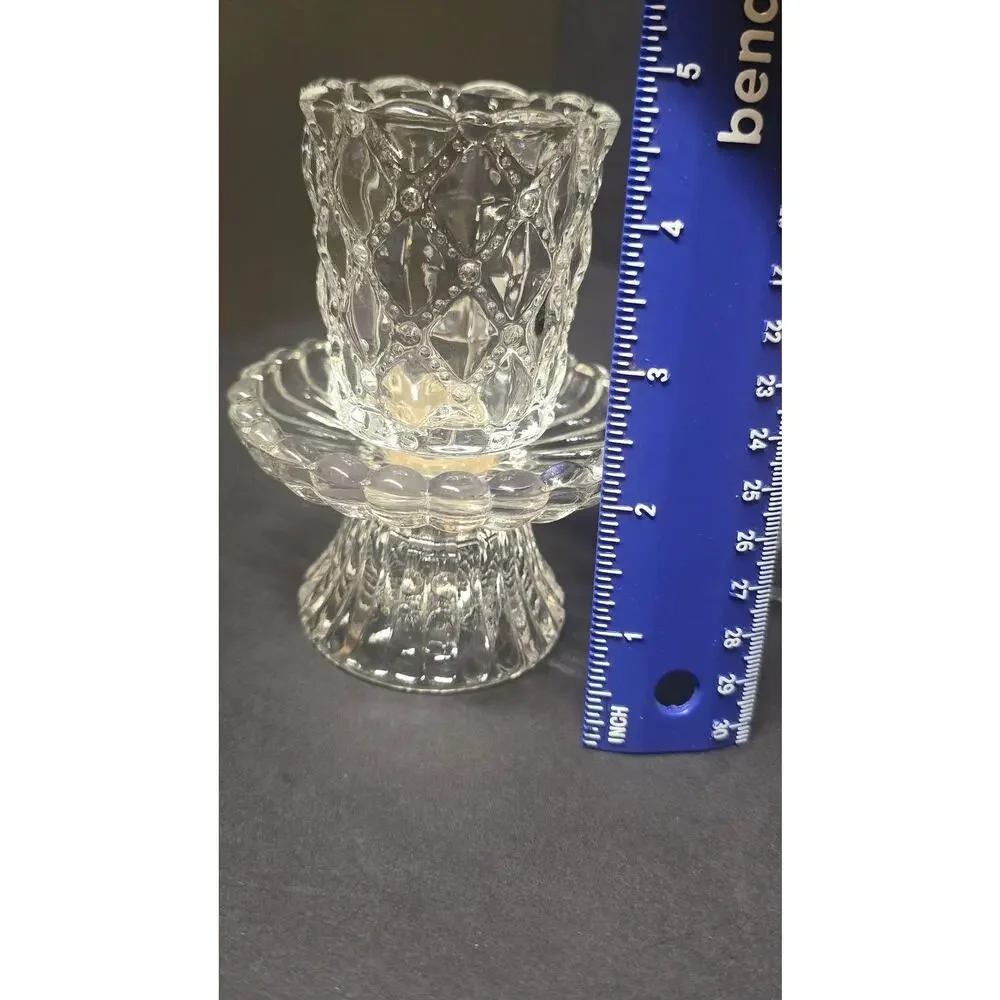 PartyLite Clear Glass Quilted Tealight Votive Candle Holders Pair Small Pedestal
